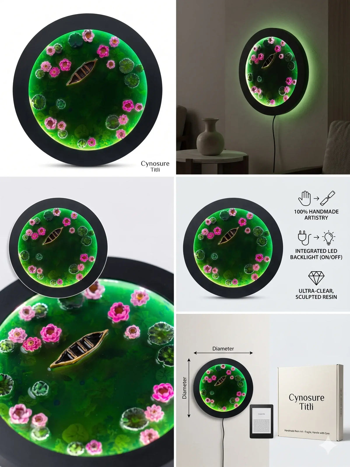 Round resin art with a boat, pink lotus flowers, and lily pads on green water, framed in black, with green LED backlight.
