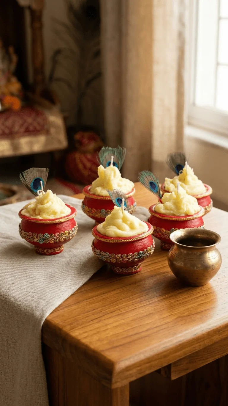 Five red ornate pot candles with yellow wax and peacock feathers on a wooden table with a light cloth and brass pot.
