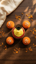 Orange ladoo candles with silver accents surround a yellow diya candle in a red and gold holder, with a peacock feather and m