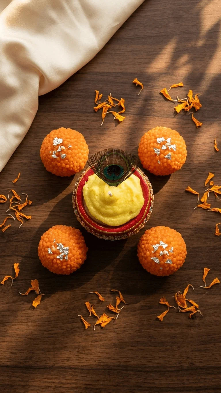 Orange ladoo candles with silver accents surround a yellow diya candle in a red and gold holder, with a peacock feather and m