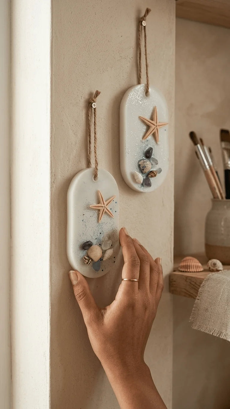 Two oval resin keepsakes with starfish, shells, and glitter hang on a wall, one being adjusted by a hand.