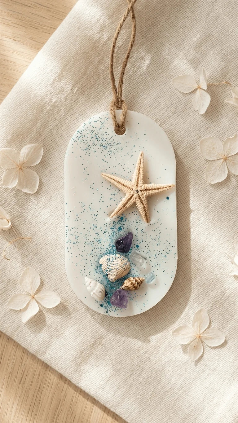 White oval scented wax sachet featuring a starfish, seashells, blue glitter, and purple stones, hanging by a jute string on l