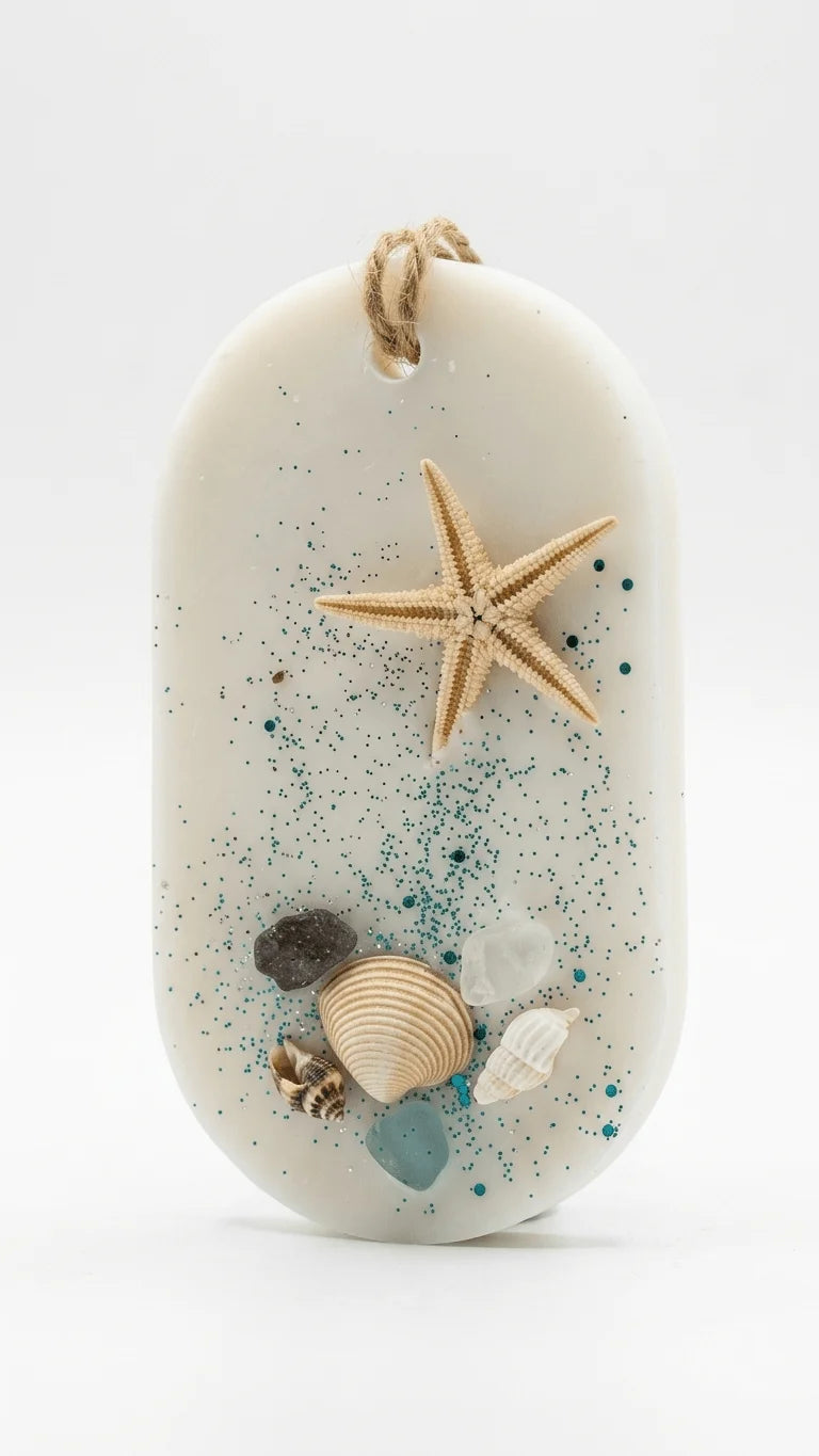 Oval white wax sachet adorned with a starfish, assorted seashells, sea glass, and teal glitter, with a jute string hanger.