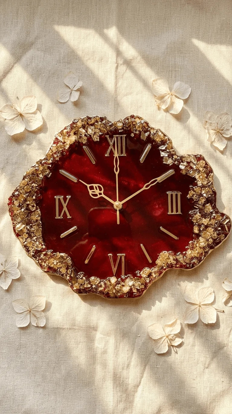 A handcrafted resin wall clock in deep maroon with gold flake edges and Roman numerals, set on a light fabric background with
