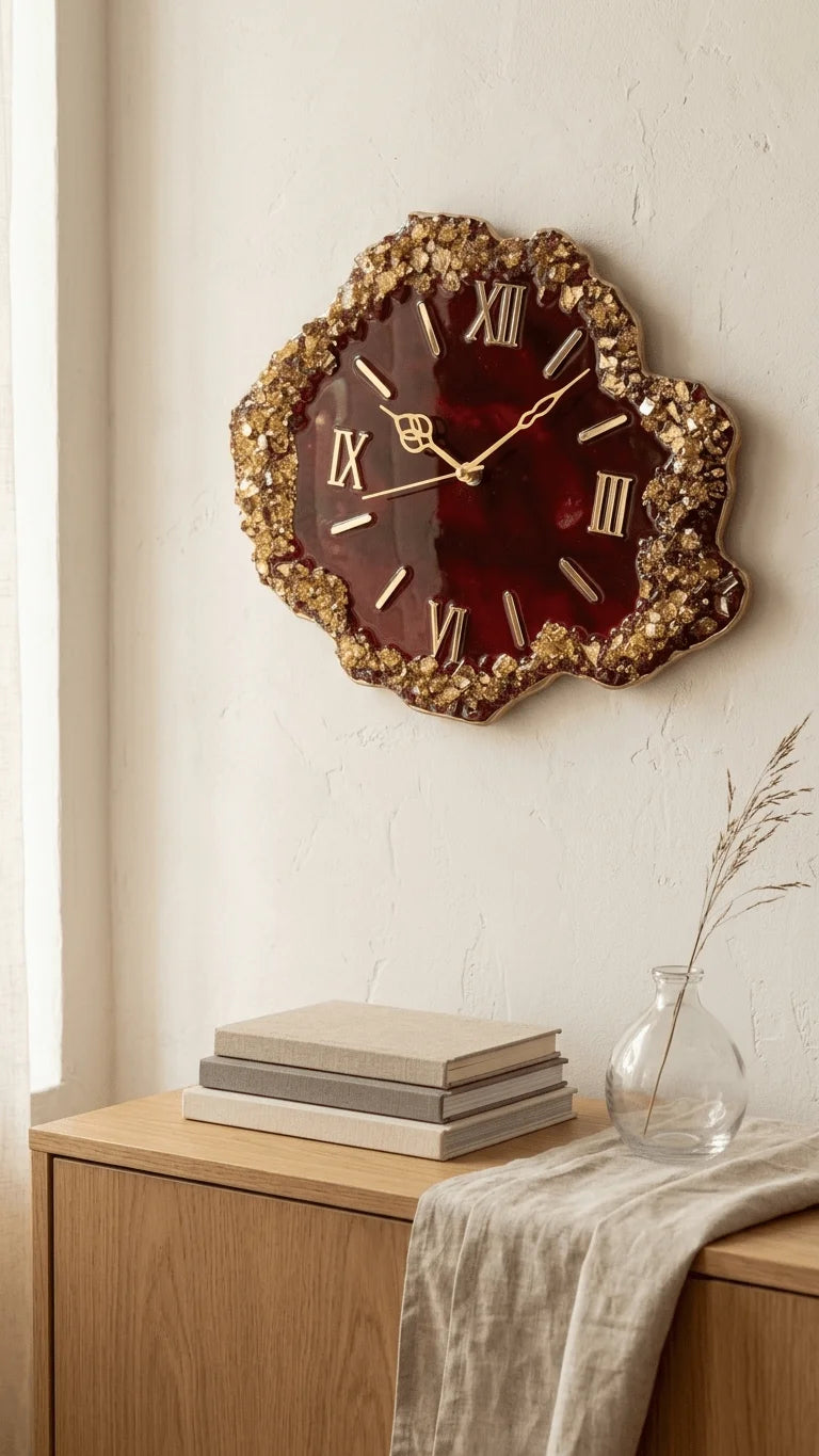 Dark red resin wall clock with gold Roman numerals and gold flakes, hanging above a wooden cabinet with books and a vase.