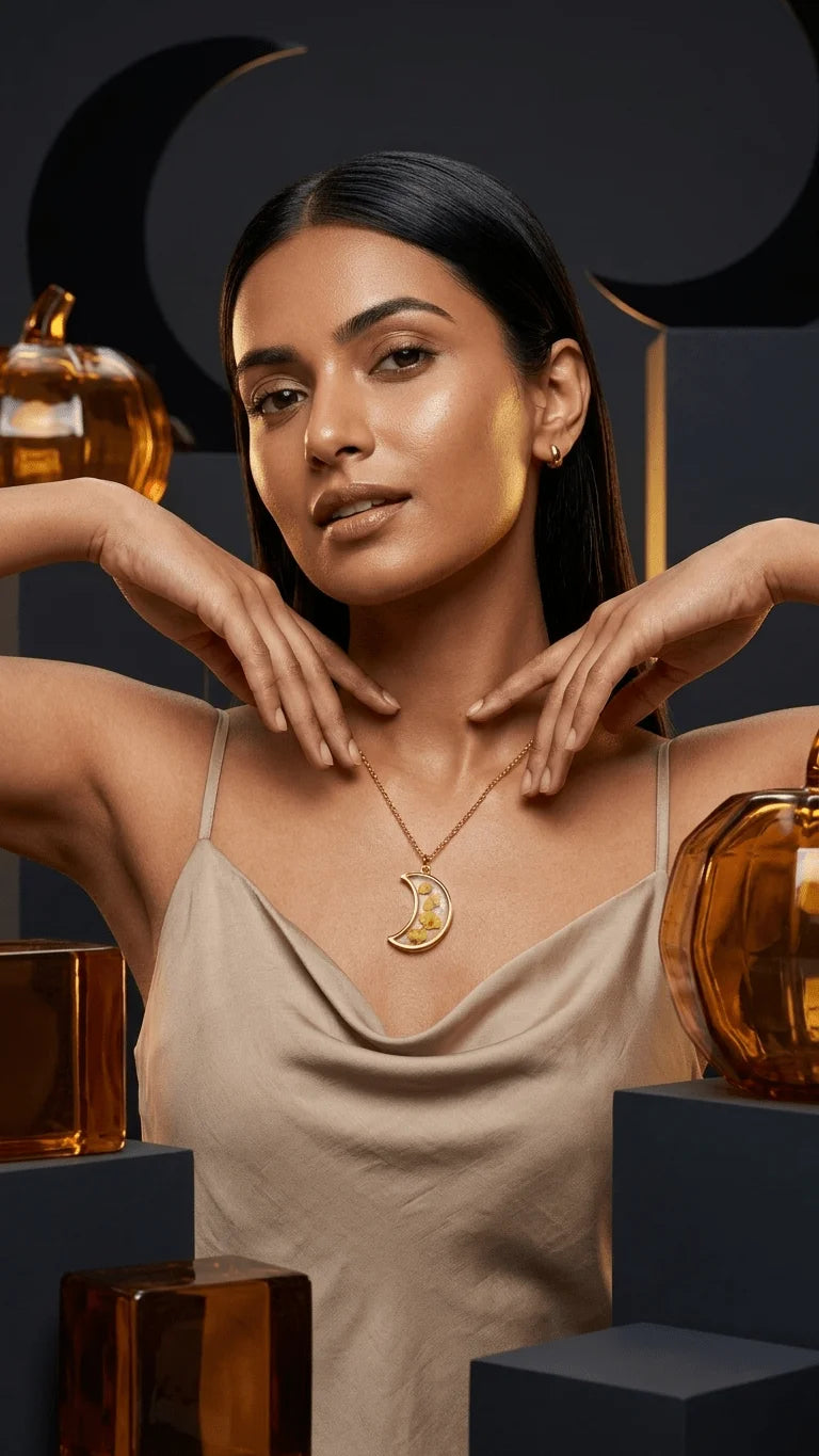 Woman in a champagne slip dress wearing a gold crescent moon pendant with dried flowers, surrounded by amber decor.