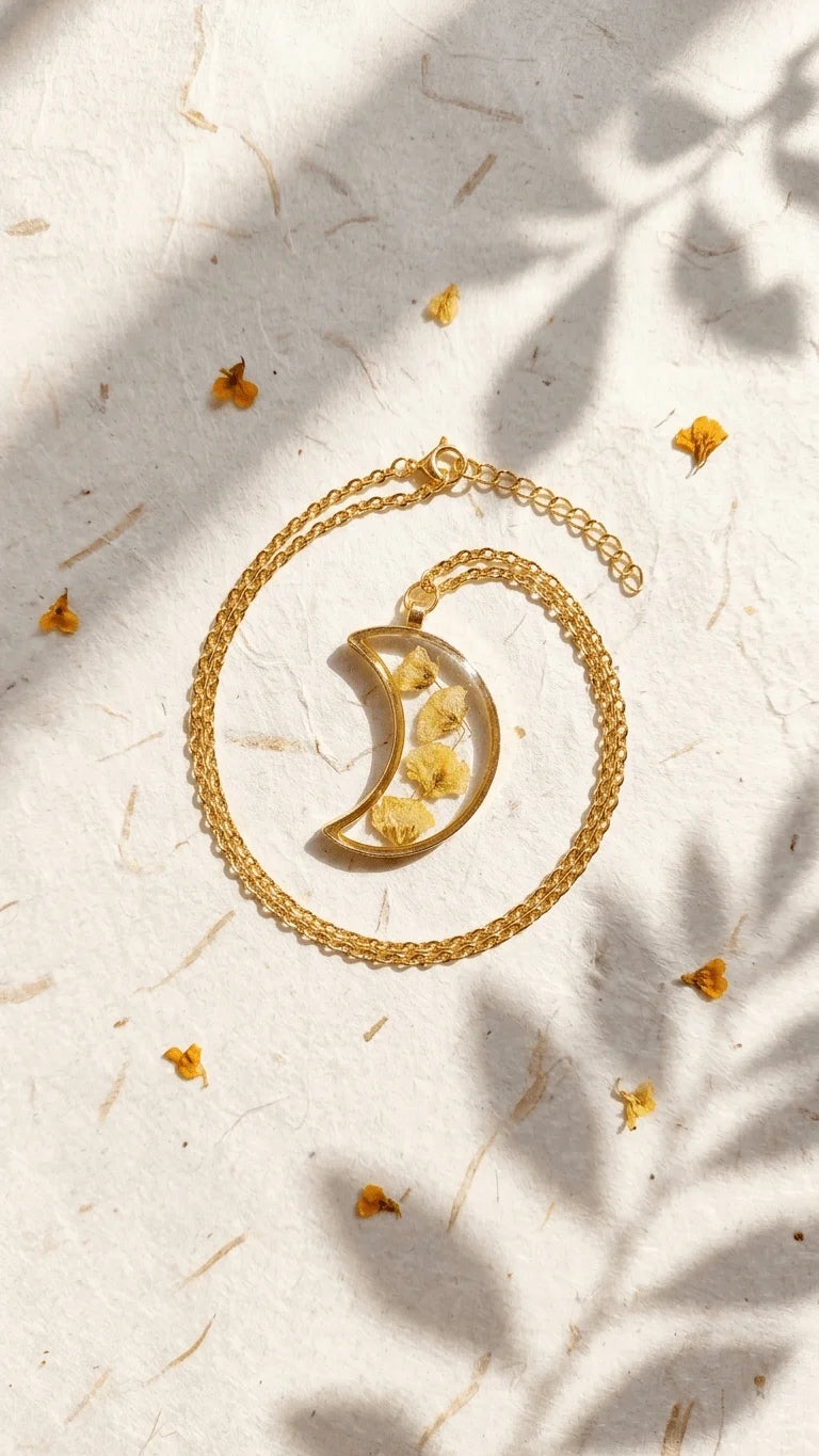 Gold chain necklace with a crescent moon resin pendant containing yellow dried flowers, on textured paper with leaf shadows.