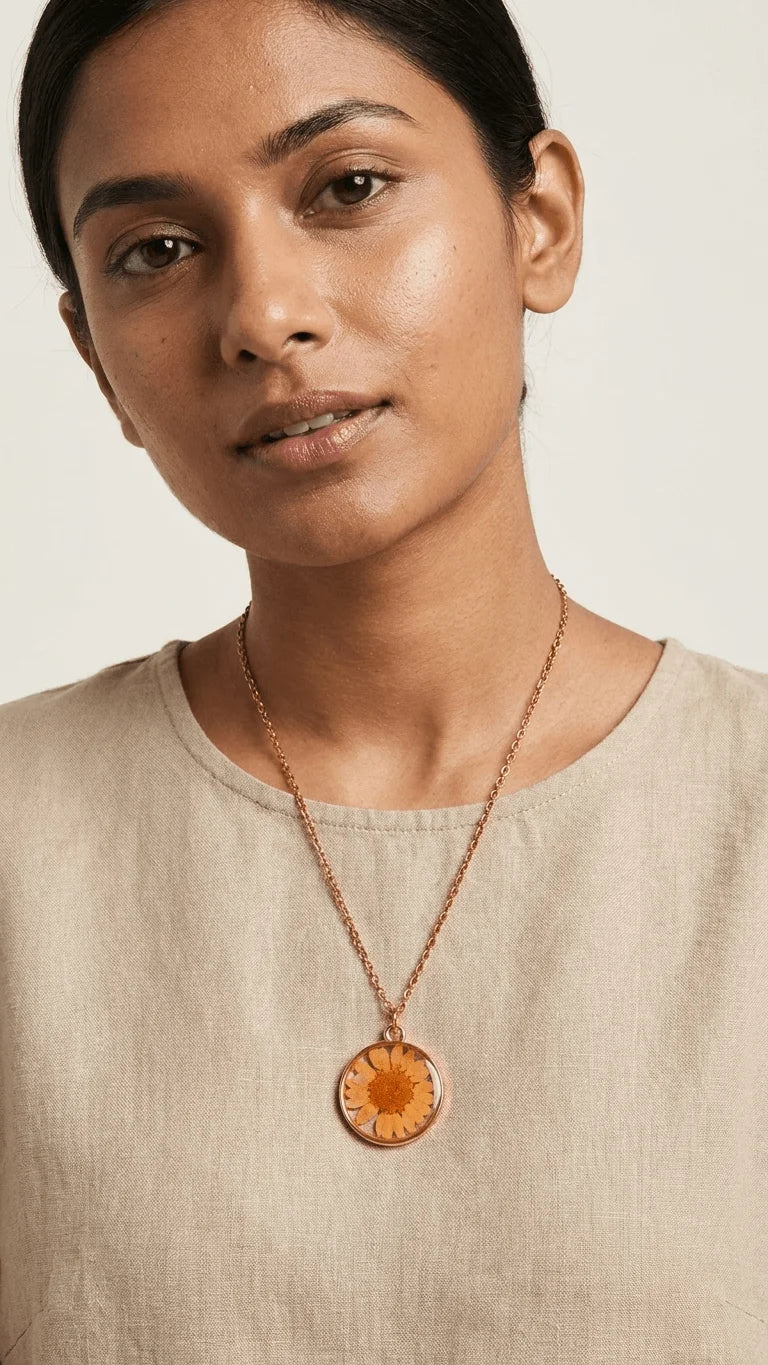 Woman wearing a rose gold-toned necklace with a round pendant featuring a preserved orange flower on a light beige top.