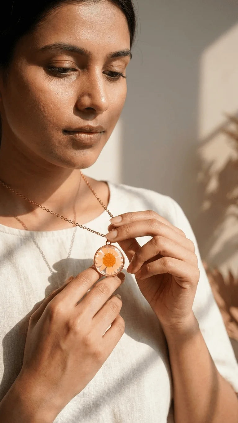 A woman in a light top holds a round resin pendant with an orange flower, on a rose gold chain.