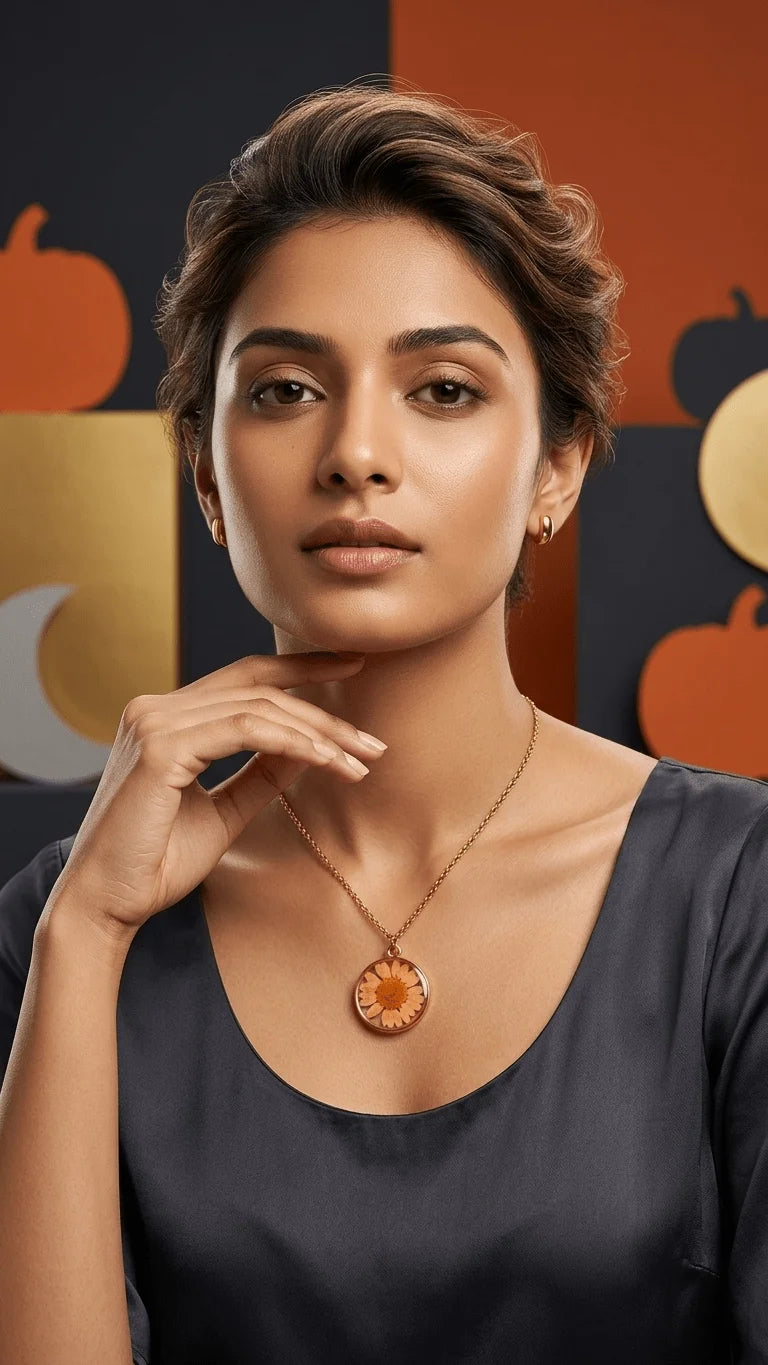 Woman wearing a dark top and a round rose gold pendant with an orange flower, against a dark background with orange pumpkins.