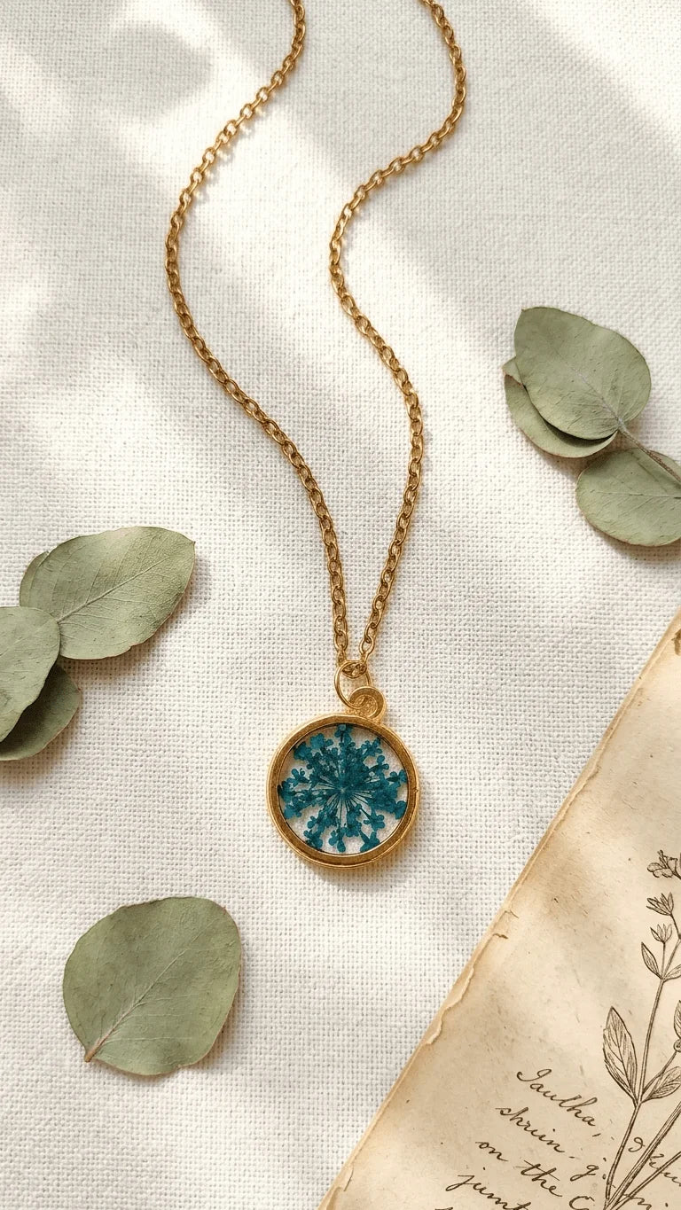 Gold chain necklace with a round resin pendant featuring blue dried flowers, on a white fabric with eucalyptus leaves and old