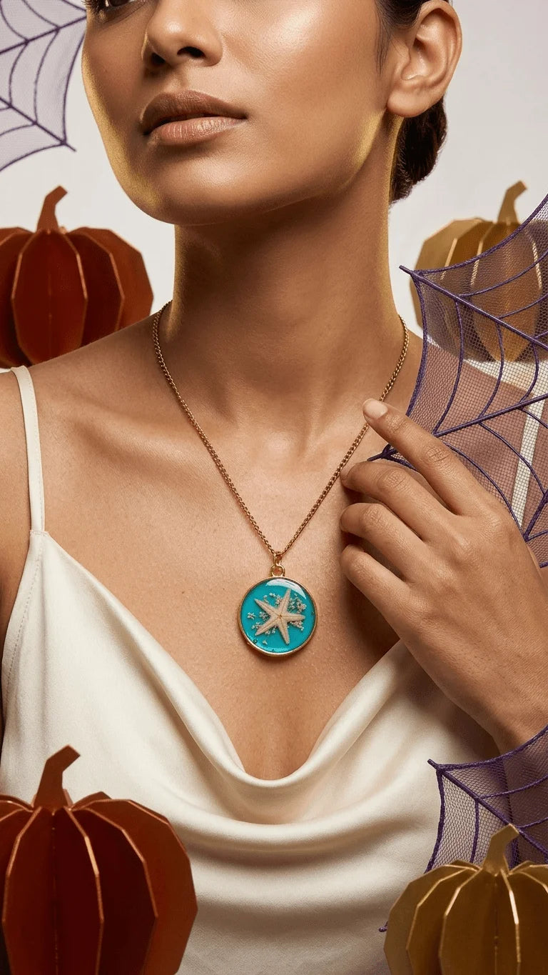 Woman in a white top wears a teal resin pendant with a starfish on a gold chain, amidst paper pumpkins and purple webs.