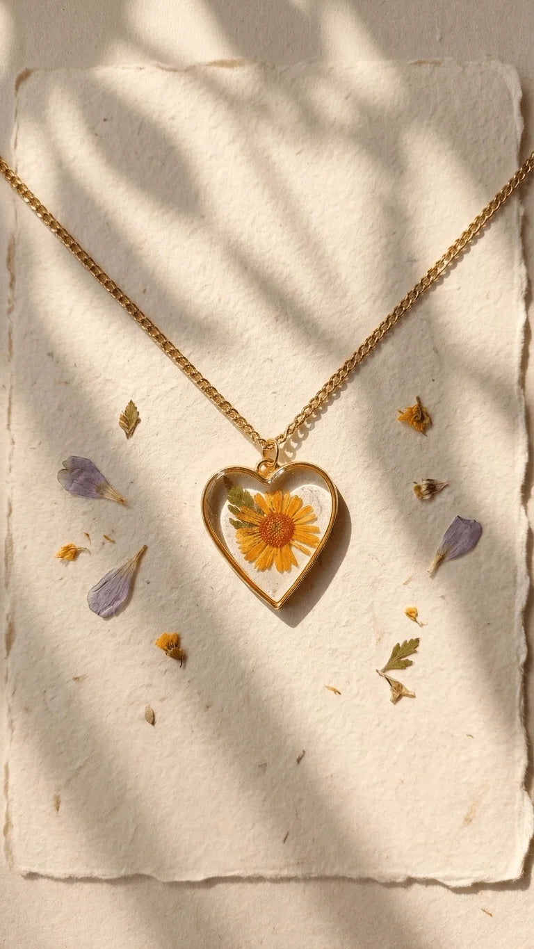 Heart-shaped resin pendant with a yellow flower and green leaf, on a gold chain, displayed on textured paper with petals.