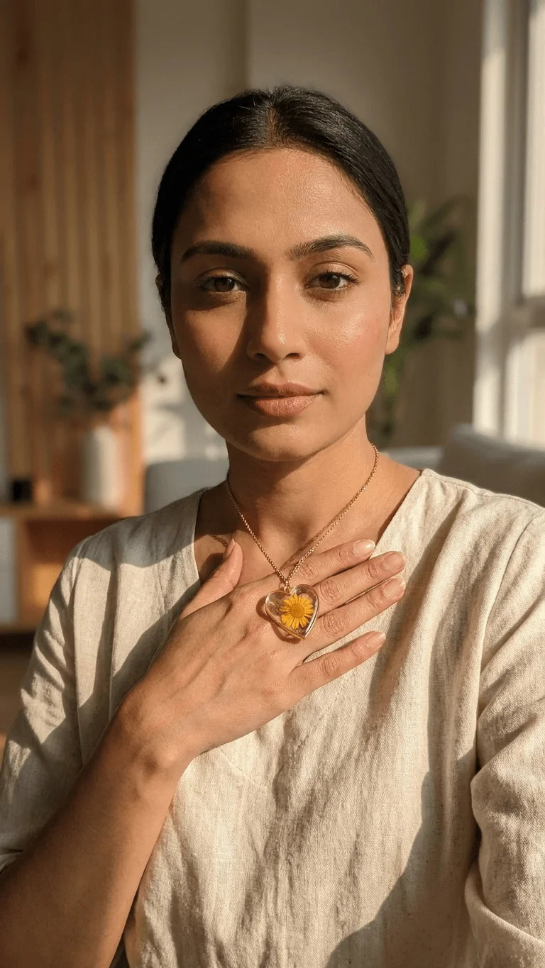 Woman in a light top wearing a heart-shaped resin pendant with a yellow flower, hand on chest, bathed in warm sunlight.