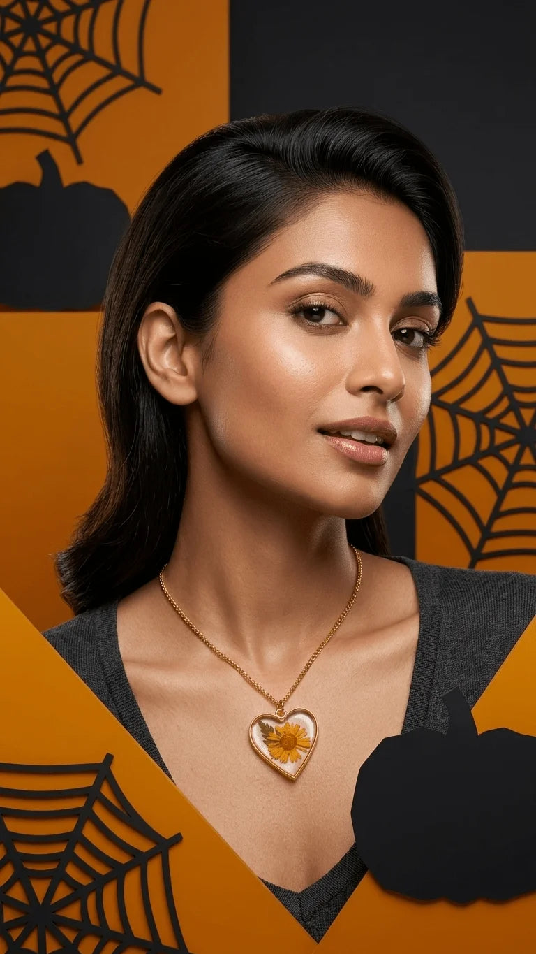 Close-up of a woman wearing a heart-shaped resin pendant featuring a yellow flower, on an orange and black Halloween backgrou