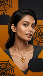 Close-up of a woman wearing a heart-shaped resin pendant featuring a yellow flower, on an orange and black Halloween backgrou