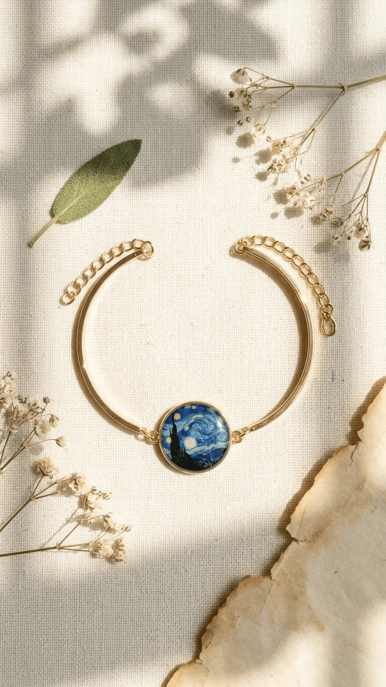 Gold-tone cuff bracelet featuring a circular resin charm with Van Gogh's Starry Night painting, on a light fabric background.