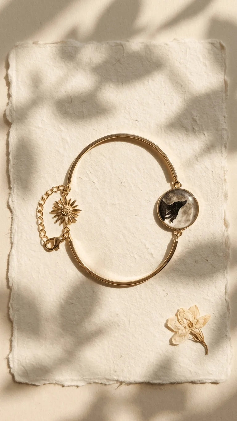 Gold-tone bangle bracelet with a round resin charm featuring a black howling wolf silhouette against a moon, and a sun charm,