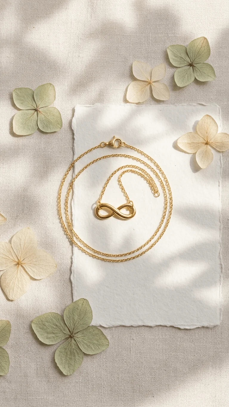Gold infinity symbol necklace on a white textured paper with dried green and cream flowers on a linen background.