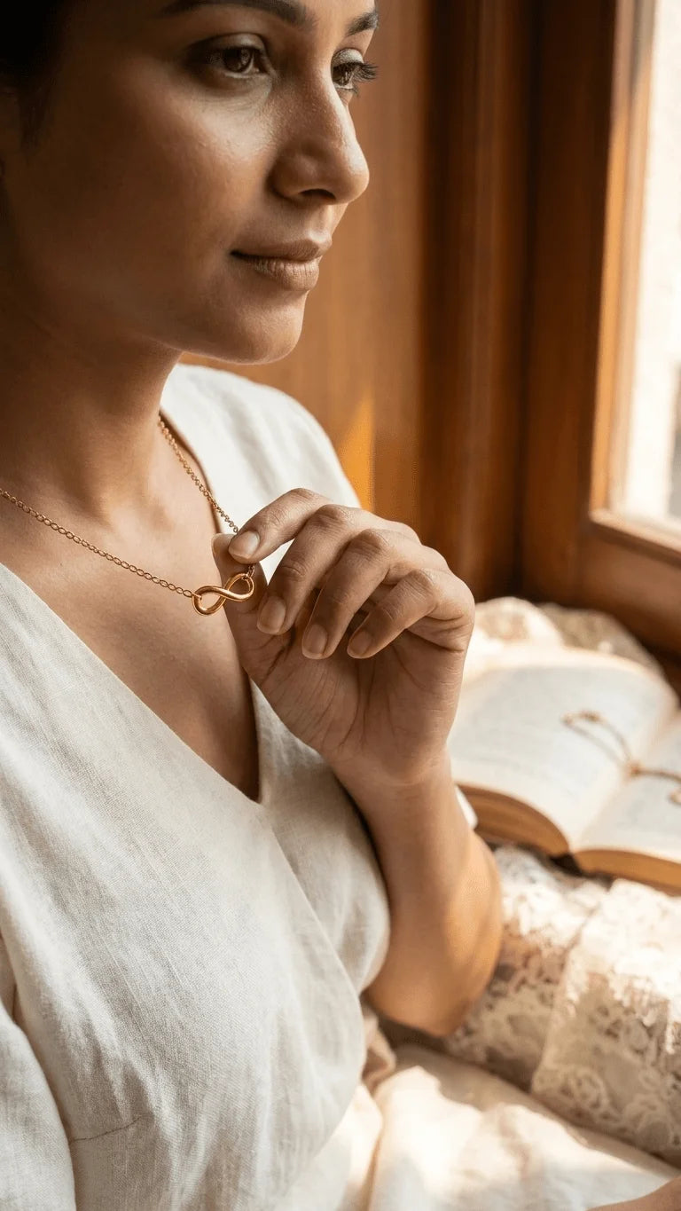 Woman in cream top wearing a gold infinity necklace, holding the pendant, with an open book in background.
