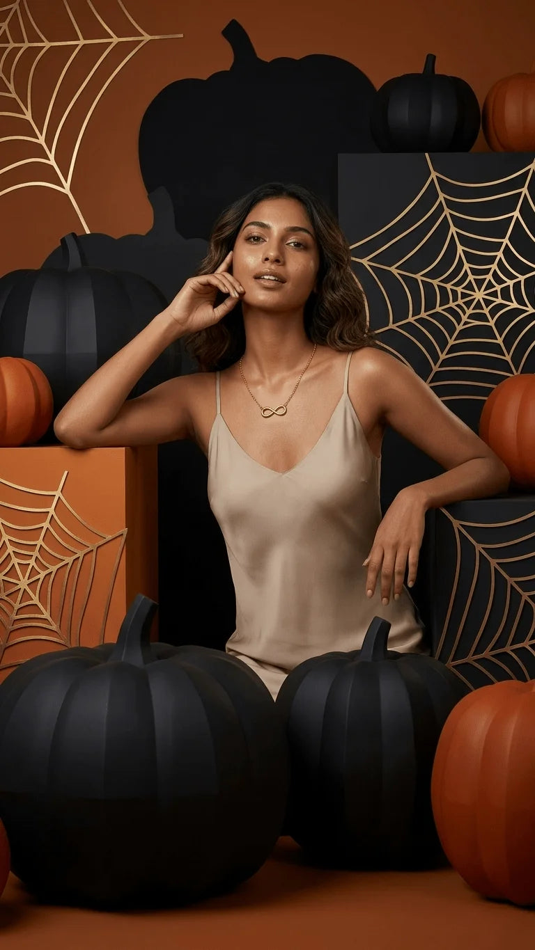 Woman in a slip dress wearing an infinity necklace, surrounded by black and orange pumpkins and golden spiderwebs.