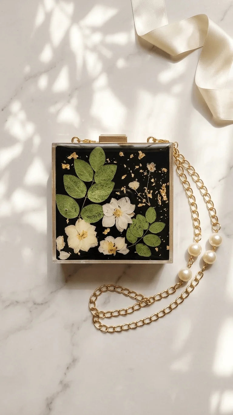 Clear resin clutch bag with black background, featuring pressed white flowers, green leaves, gold flakes, and a gold chain wi