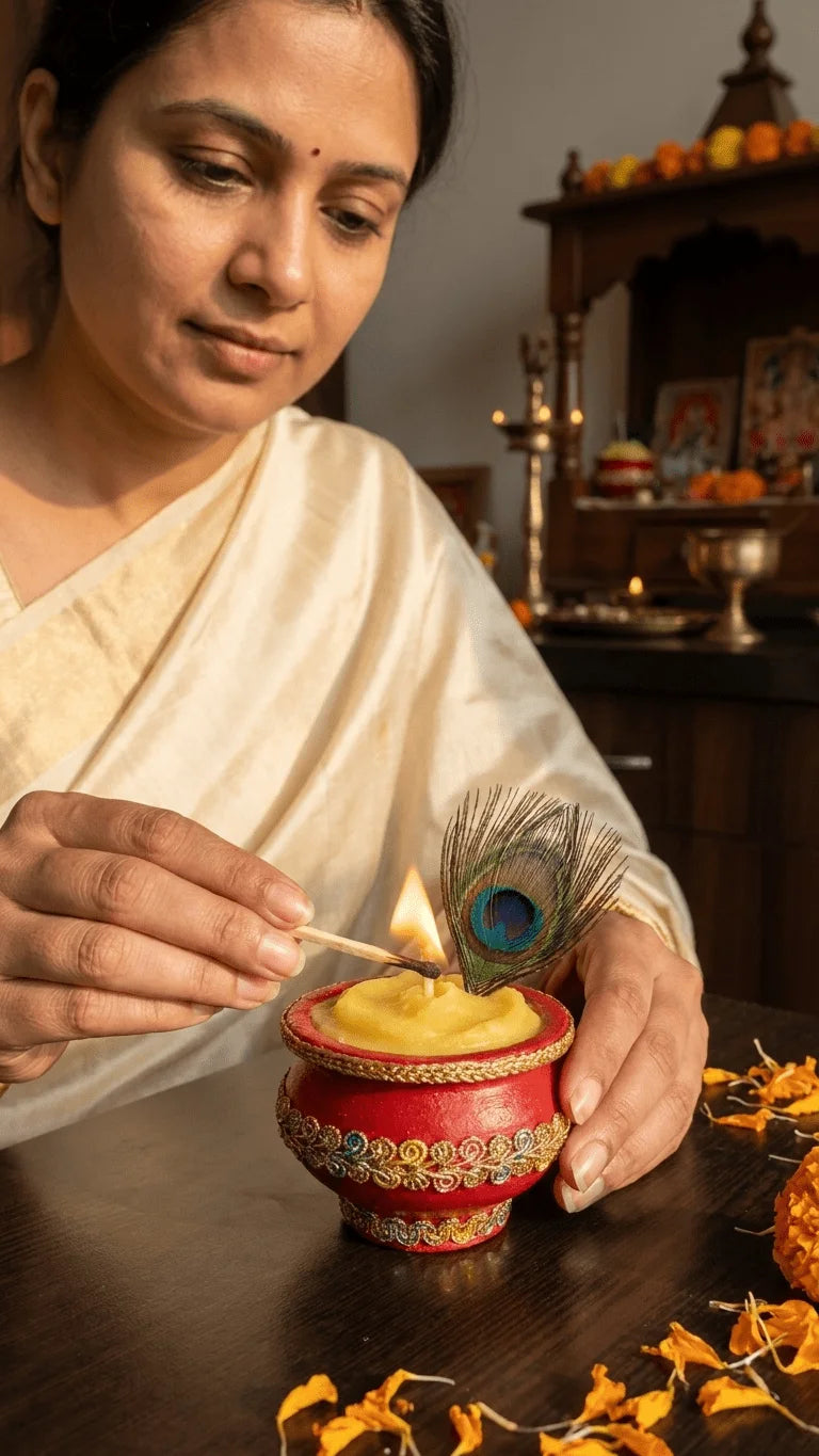 Woman in a cream saree lighting a yellow candle in a red decorated pot with a peacock feather, marigold petals on table.