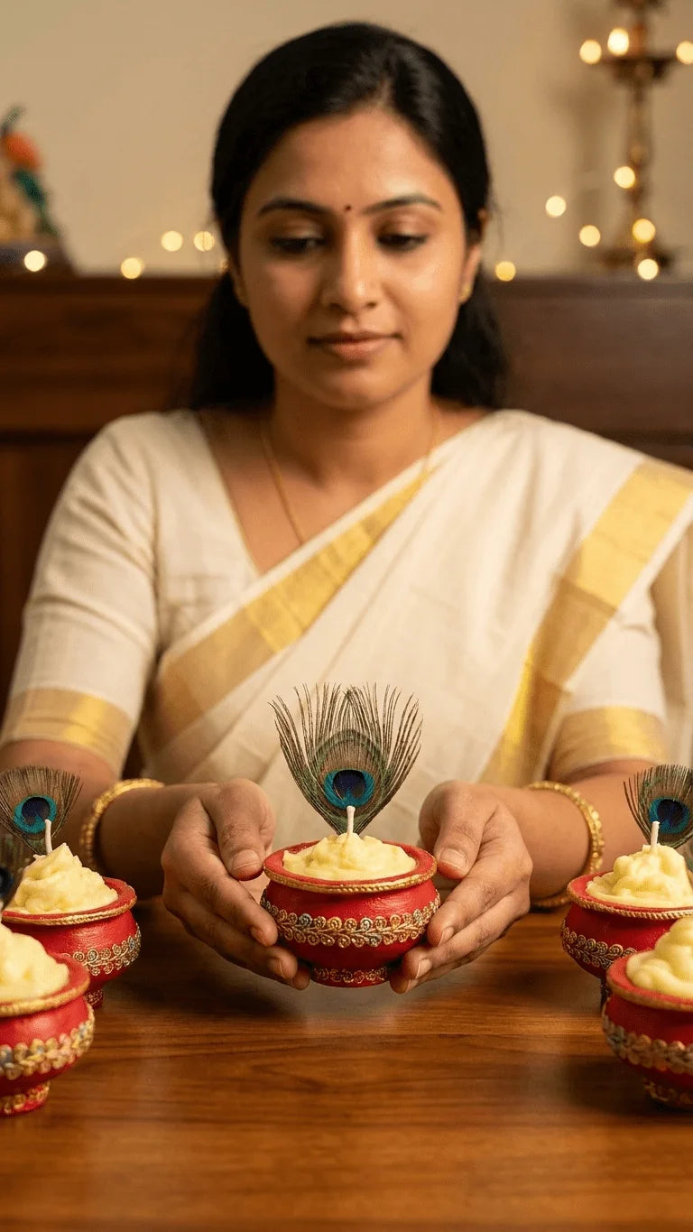 A woman in a white saree holds a red pot candle with a peacock feather, surrounded by similar candles on a wooden table.