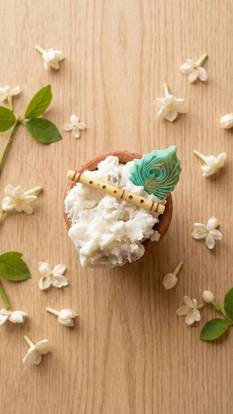 Terracotta pot with white cream, yellow flute, and teal peacock feather, surrounded by jasmine flowers on a wooden surface.