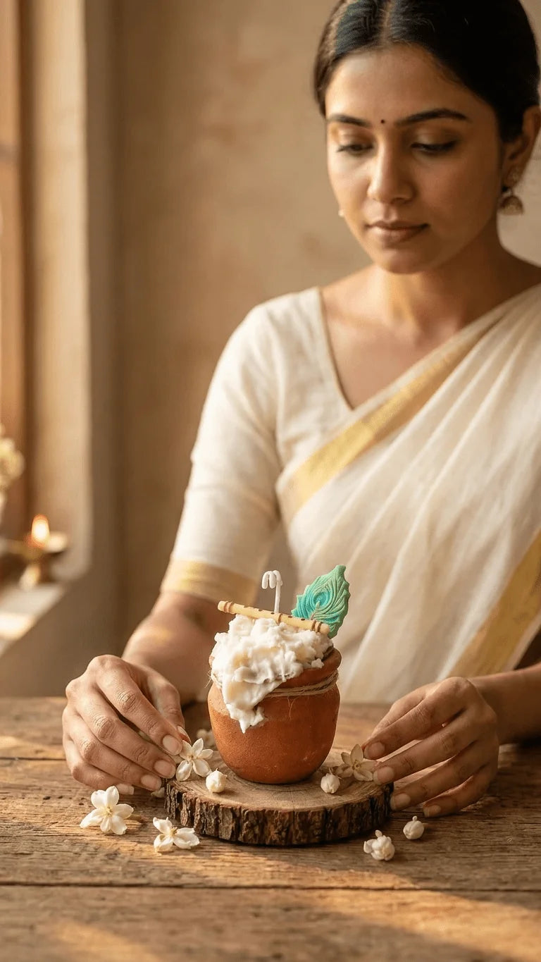 Woman in a cream saree gently places white flowers around a terracotta pot candle with a flute and peacock feather.