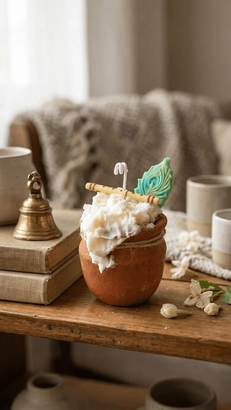 White candle in a terracotta pot with a U-shaped wick, decorative flute, and green peacock feather on a wooden table.