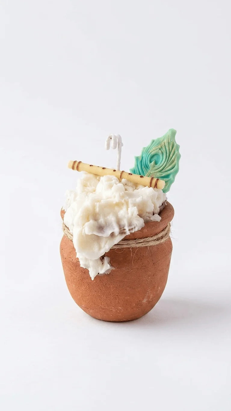 Handcrafted white scented candle in a small rustic terracotta pot, decorated with a yellow flute and a green peacock feather.