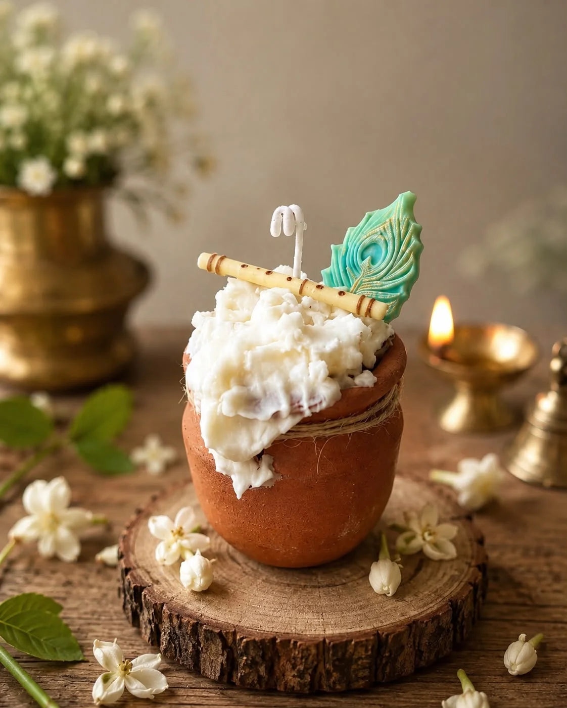 Terracotta pot candle with white wax, flute, and teal peacock feather, surrounded by jasmine flowers and a lit diya.