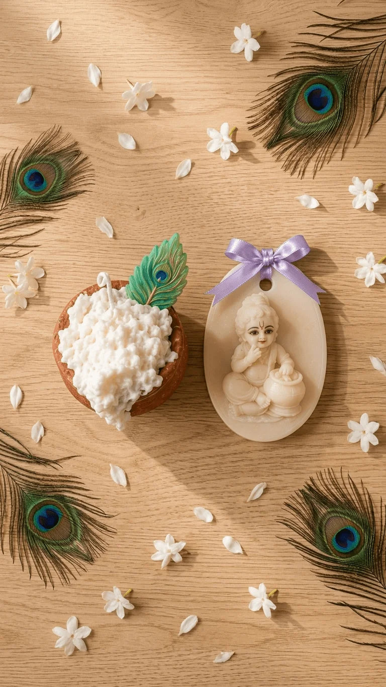 White candle in a pot with a peacock feather, and a baby Krishna plaque with a purple ribbon, on wood with jasmine and feathe