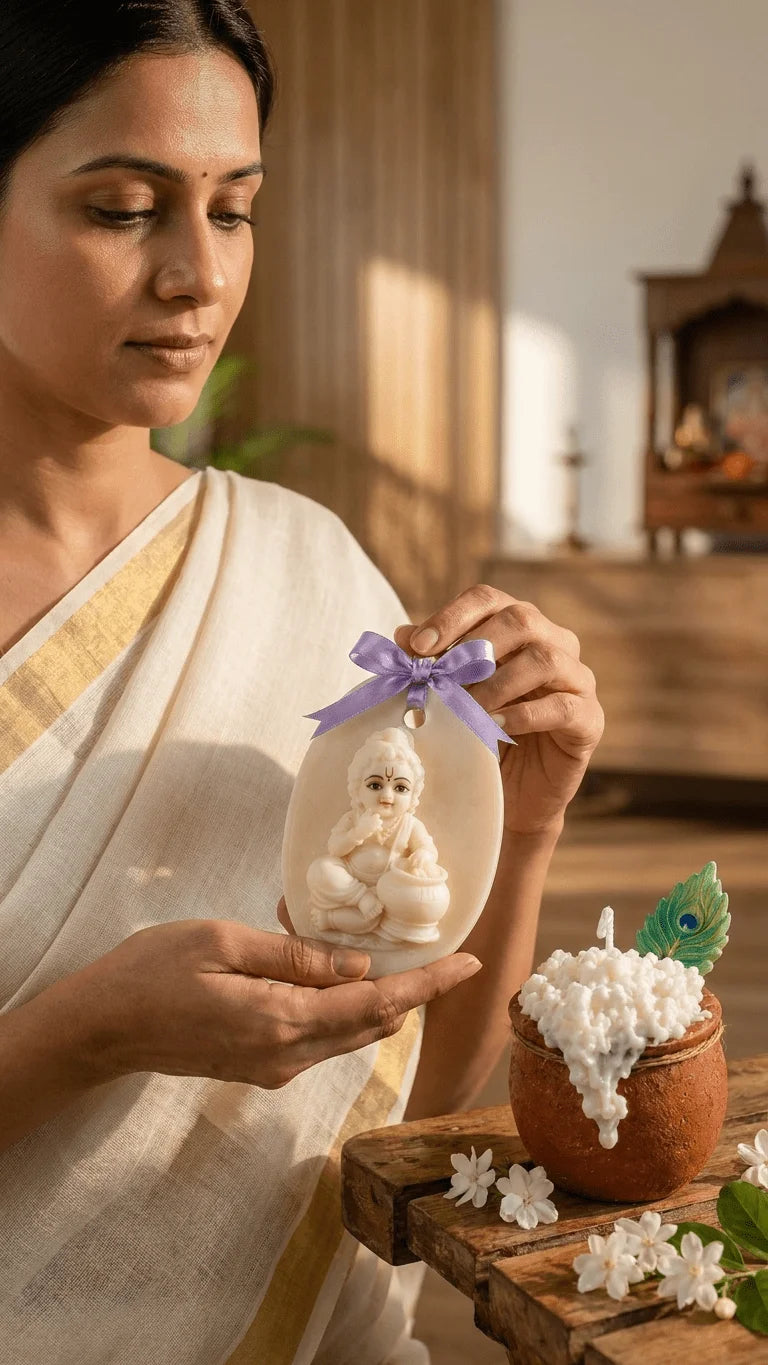 Woman in saree holds a white resin keepsake of baby Krishna with a purple ribbon, next to a terracotta pot candle and jasmine