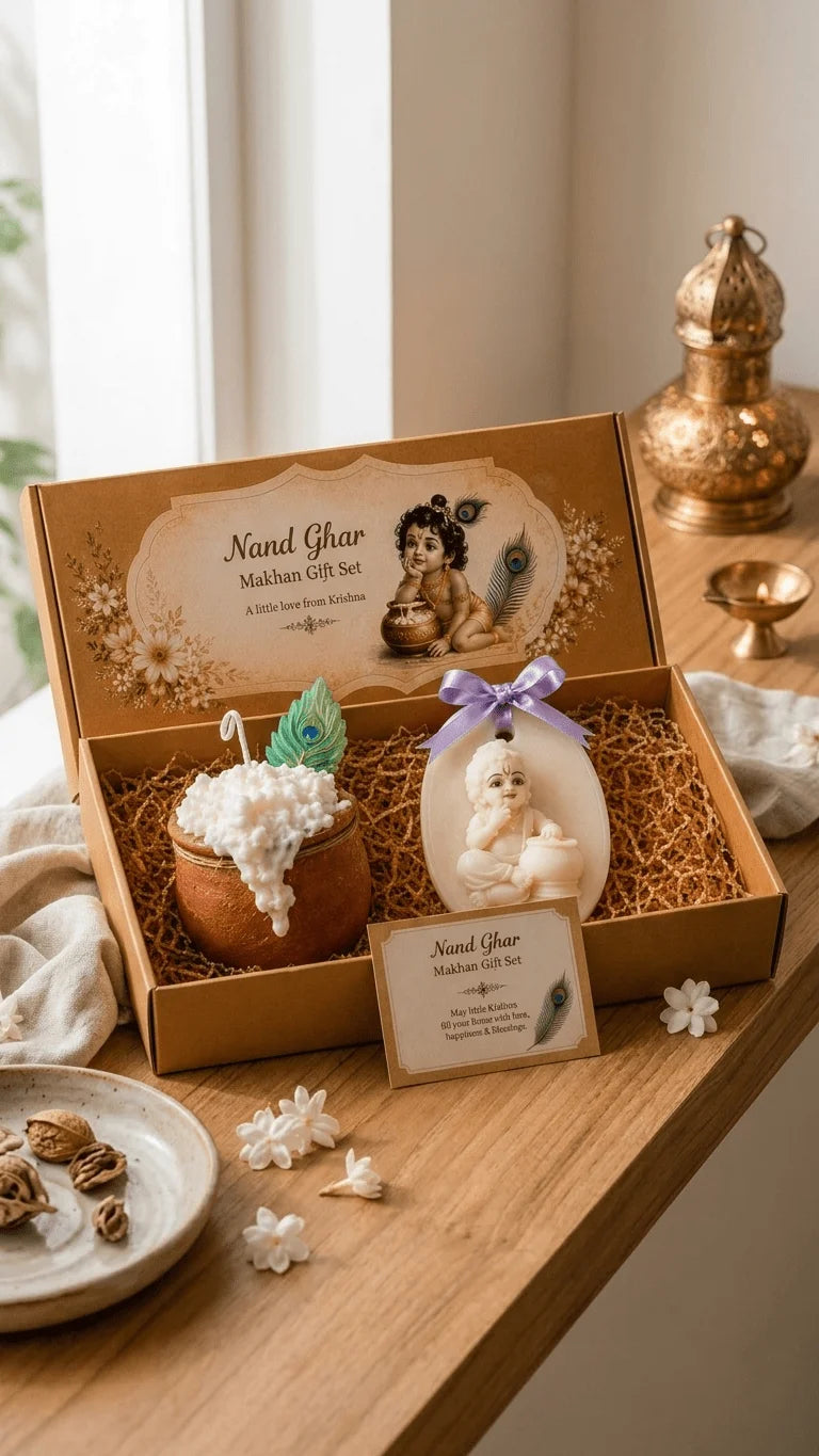 A 'Nand Ghar Makhan Gift Set' box open on a wooden table, featuring a makhan candle, a baby Krishna resin piece, and a card.
