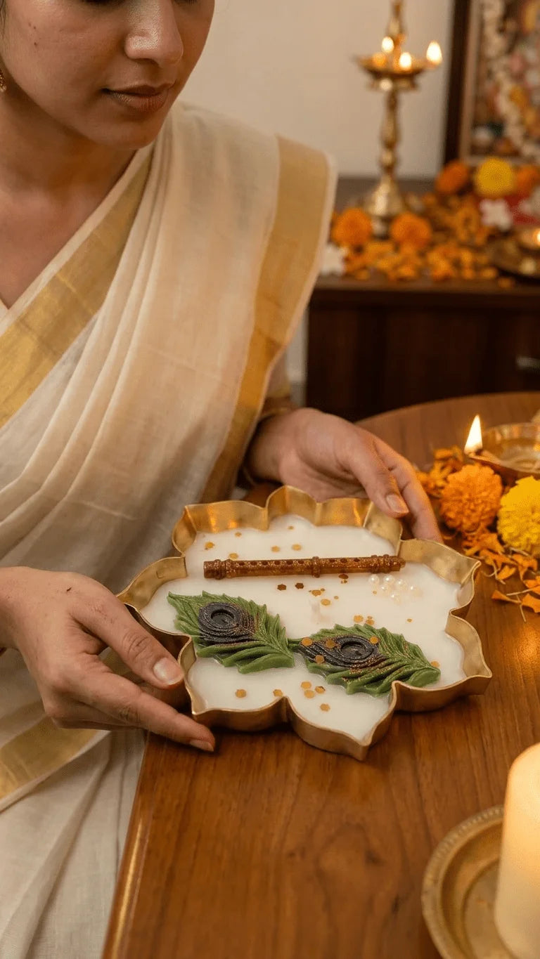 Woman in a cream saree holding a lotus-shaped candle adorned with green peacock feathers and a tiny flute.