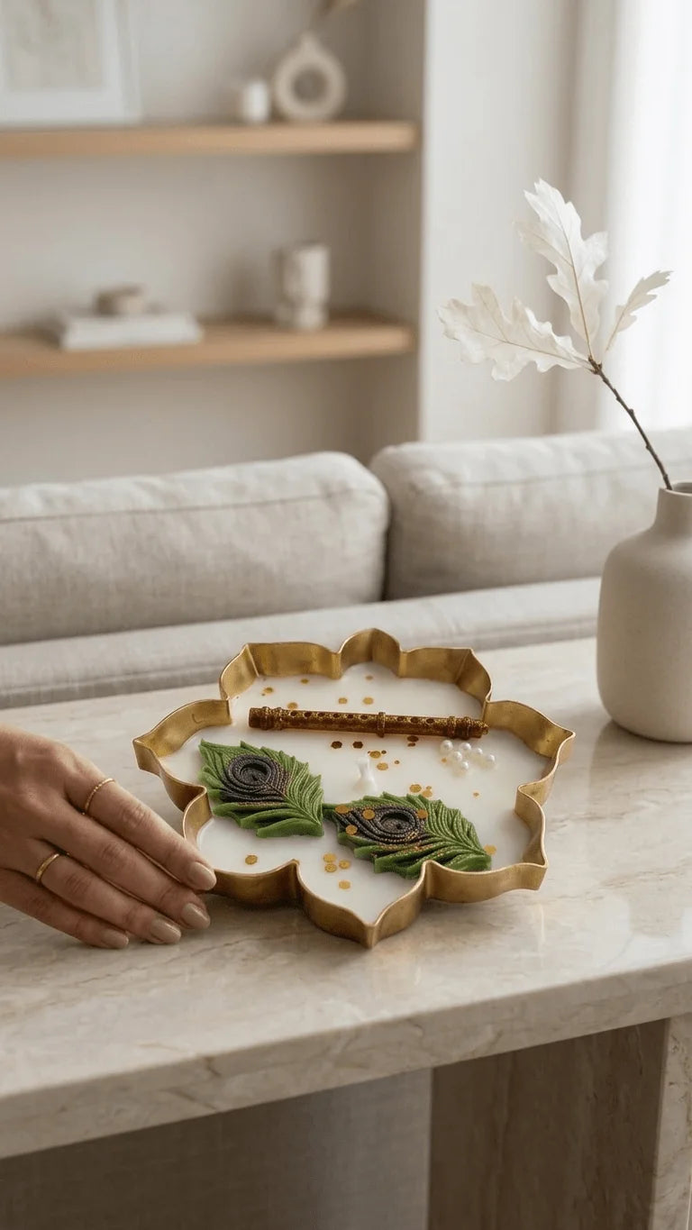 A hand adjusts a lotus-shaped candle with green peacock feathers, a flute, and gold accents on a marble table.
