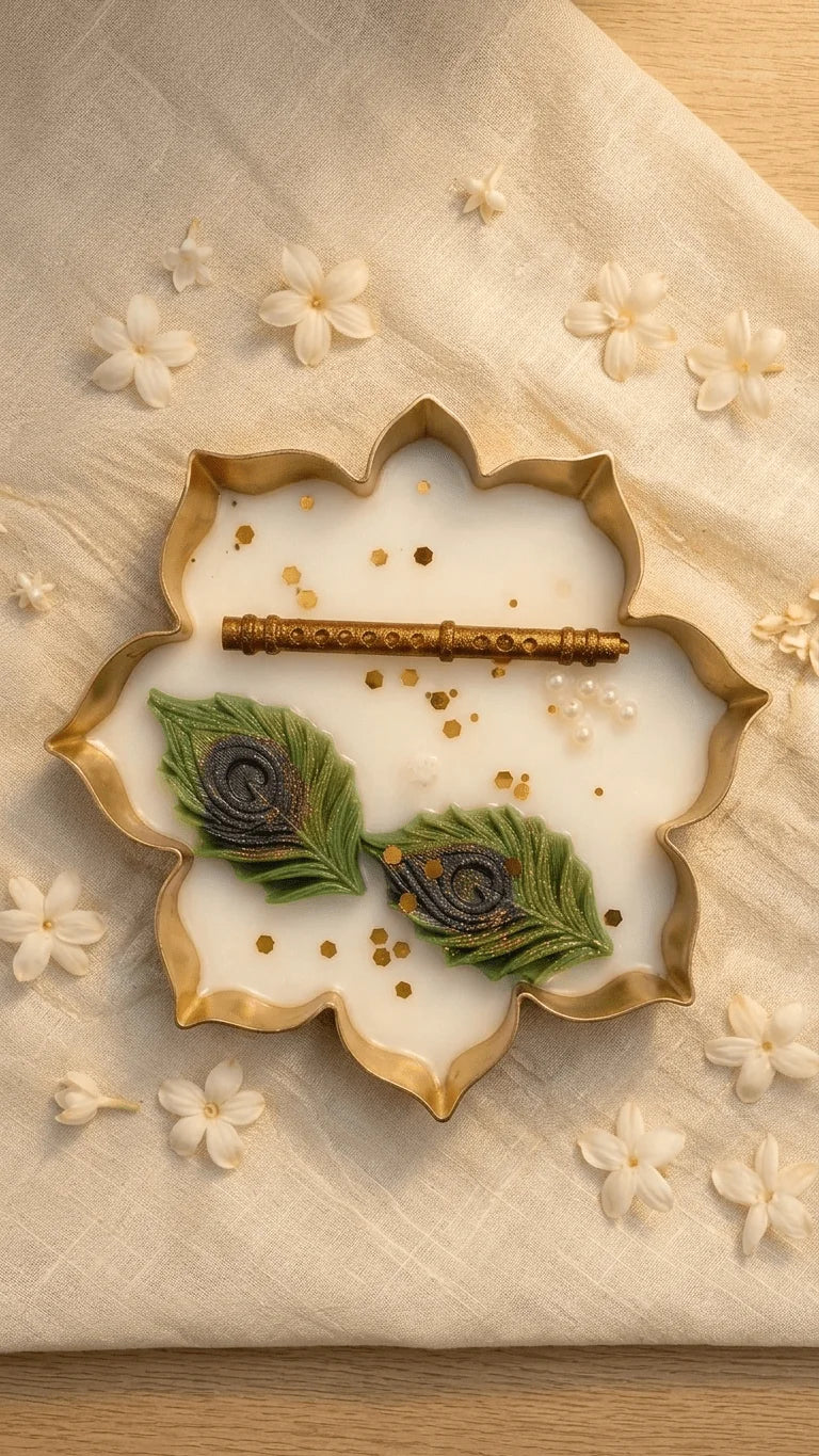 Golden lotus-shaped resin coaster with a flute, peacock feathers, glitter, and pearls, surrounded by white flowers on beige f