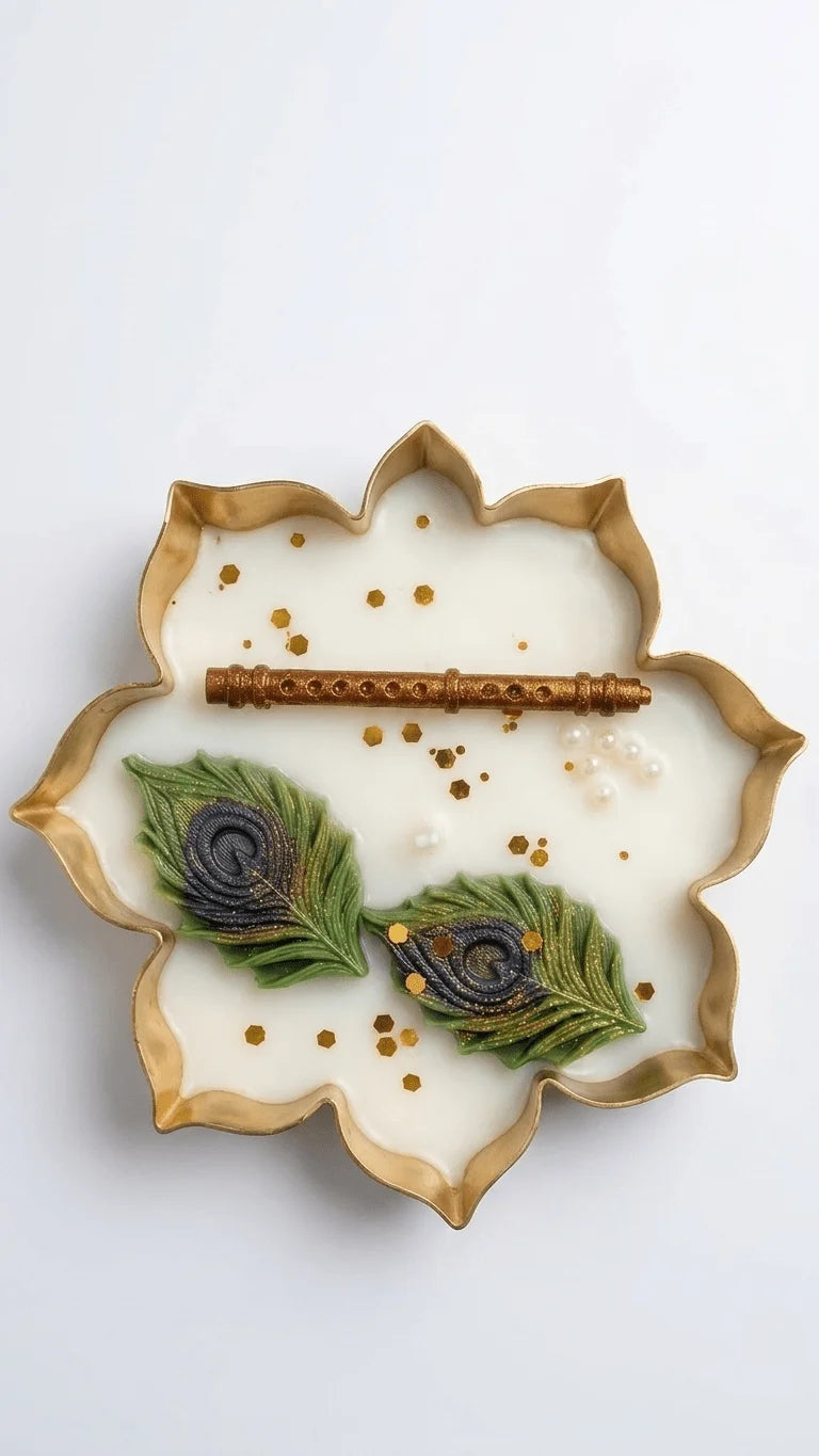 Lotus-shaped golden tray with white resin, two green peacock feathers, a golden flute, and scattered pearls and glitter.
