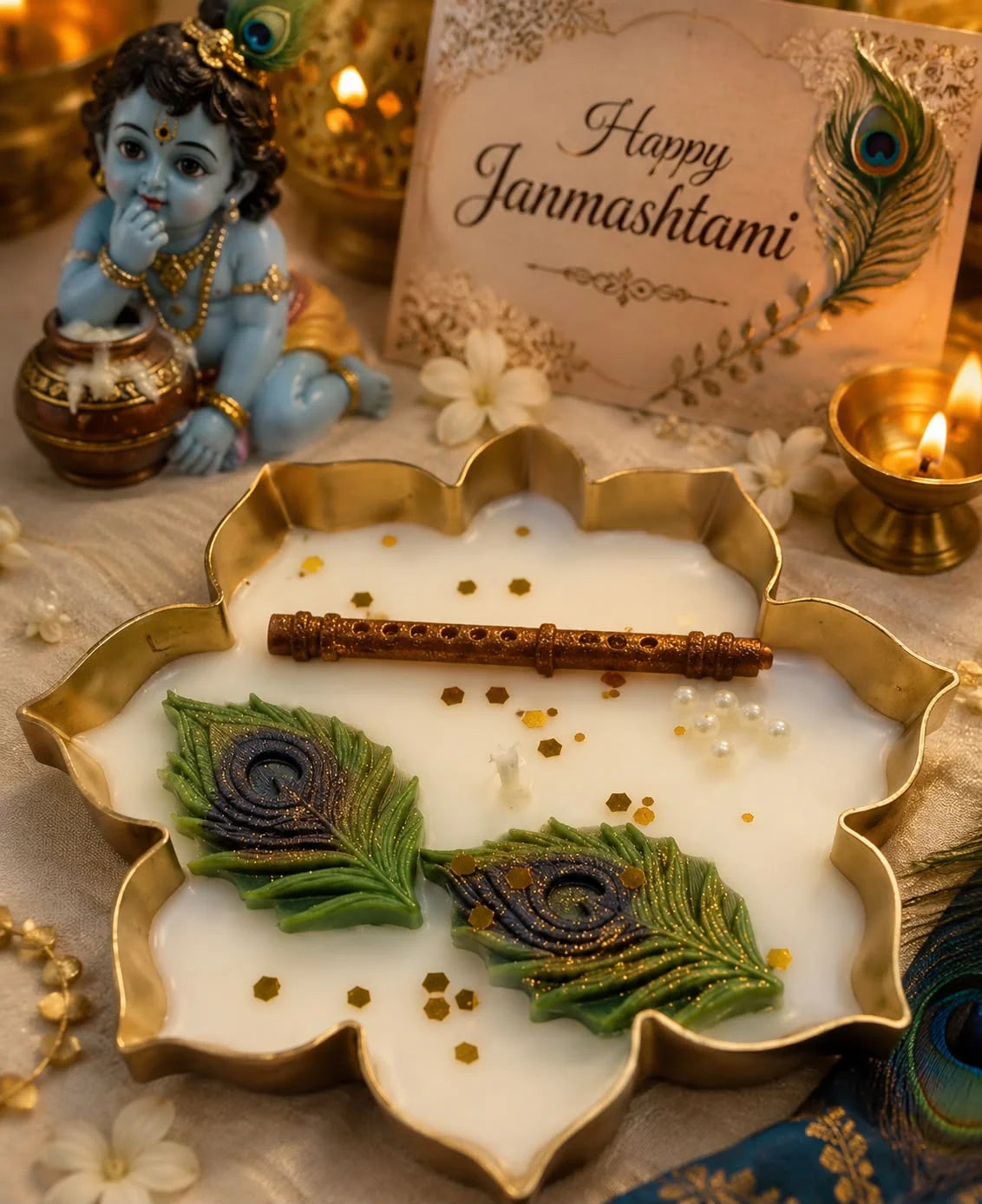 White scented candle in a golden lotus brass tray, with green peacock feather wax, flute, glitter, and pearls. Janmashtami de
