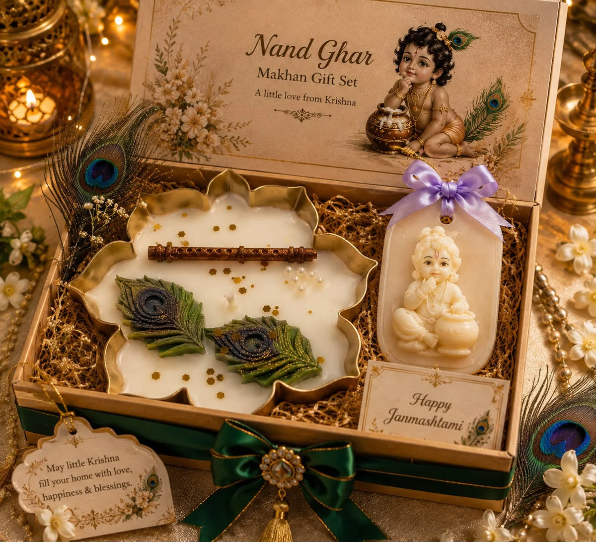 Open gift box containing a lotus-shaped white candle with peacock feather accents, a Krishna idol, and a 'Happy Janmashtami' 
