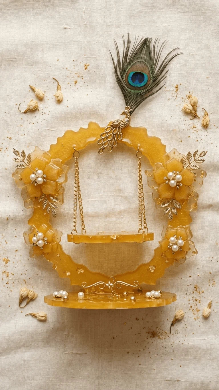 Golden resin jhula decor with embedded gold flakes, pearl-centered flowers, and a peacock feather, on white fabric with jasmi