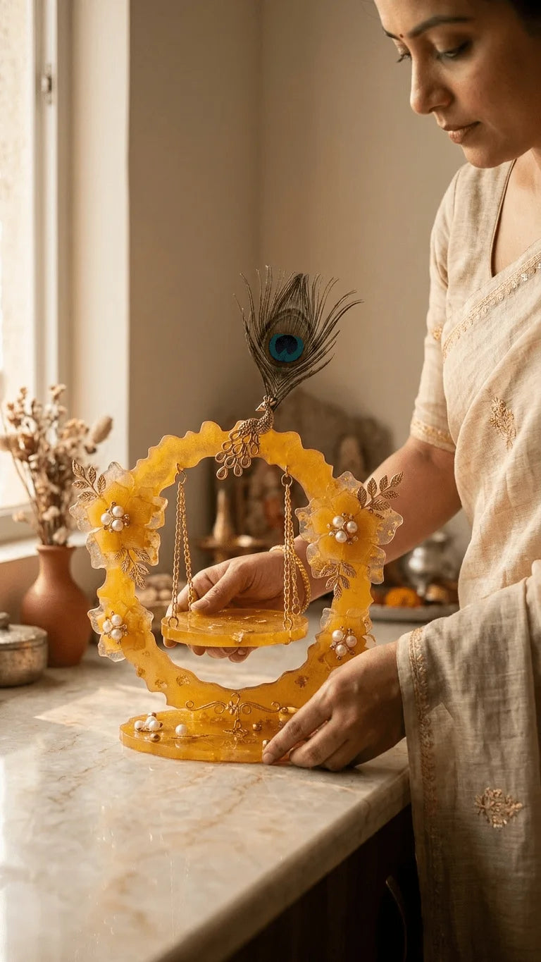 Woman in a light saree placing a handcrafted golden resin swing decor adorned with a peacock feather and pearls.