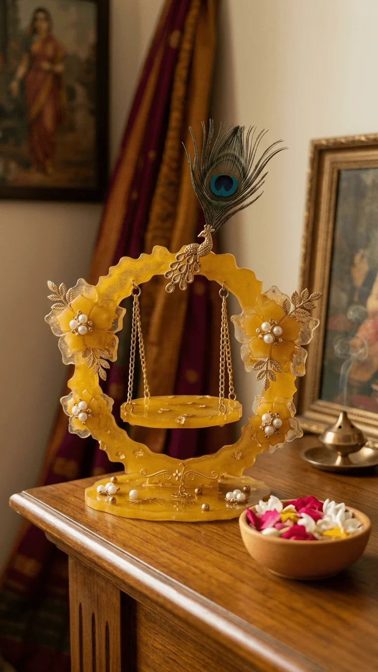 Ornate golden resin jhula with pearl flowers, a peacock, and a feather, on a wooden table next to a bowl of petals.