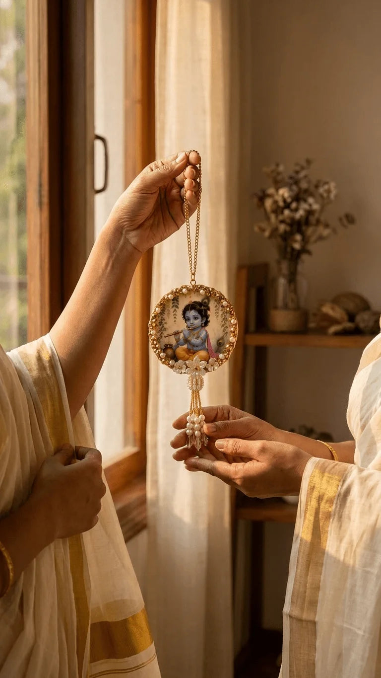 A round, pearl-embellished keepsake depicting baby Krishna playing a flute, held by two hands in traditional Indian wear.