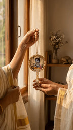 A round, pearl-embellished keepsake depicting baby Krishna playing a flute, held by two hands in traditional Indian wear.