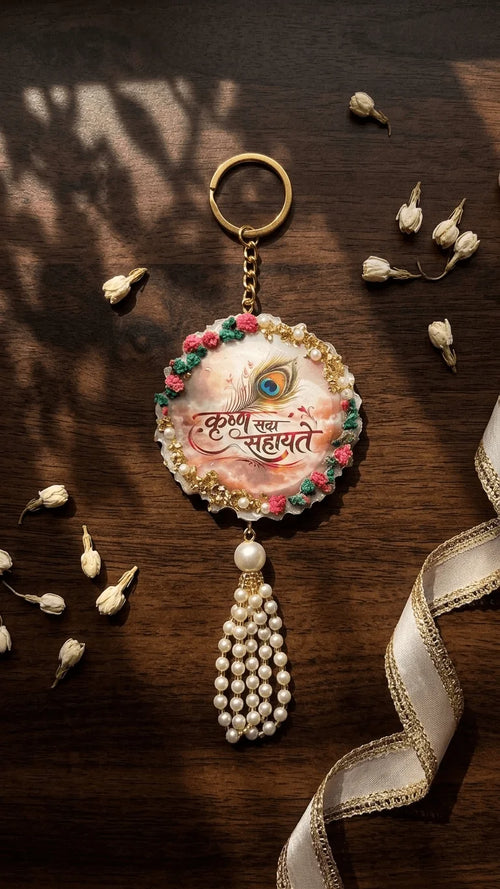 Handcrafted round resin keychain with 'Krishna Sahayate' calligraphy, peacock feather, gold accents, floral border, and pearl