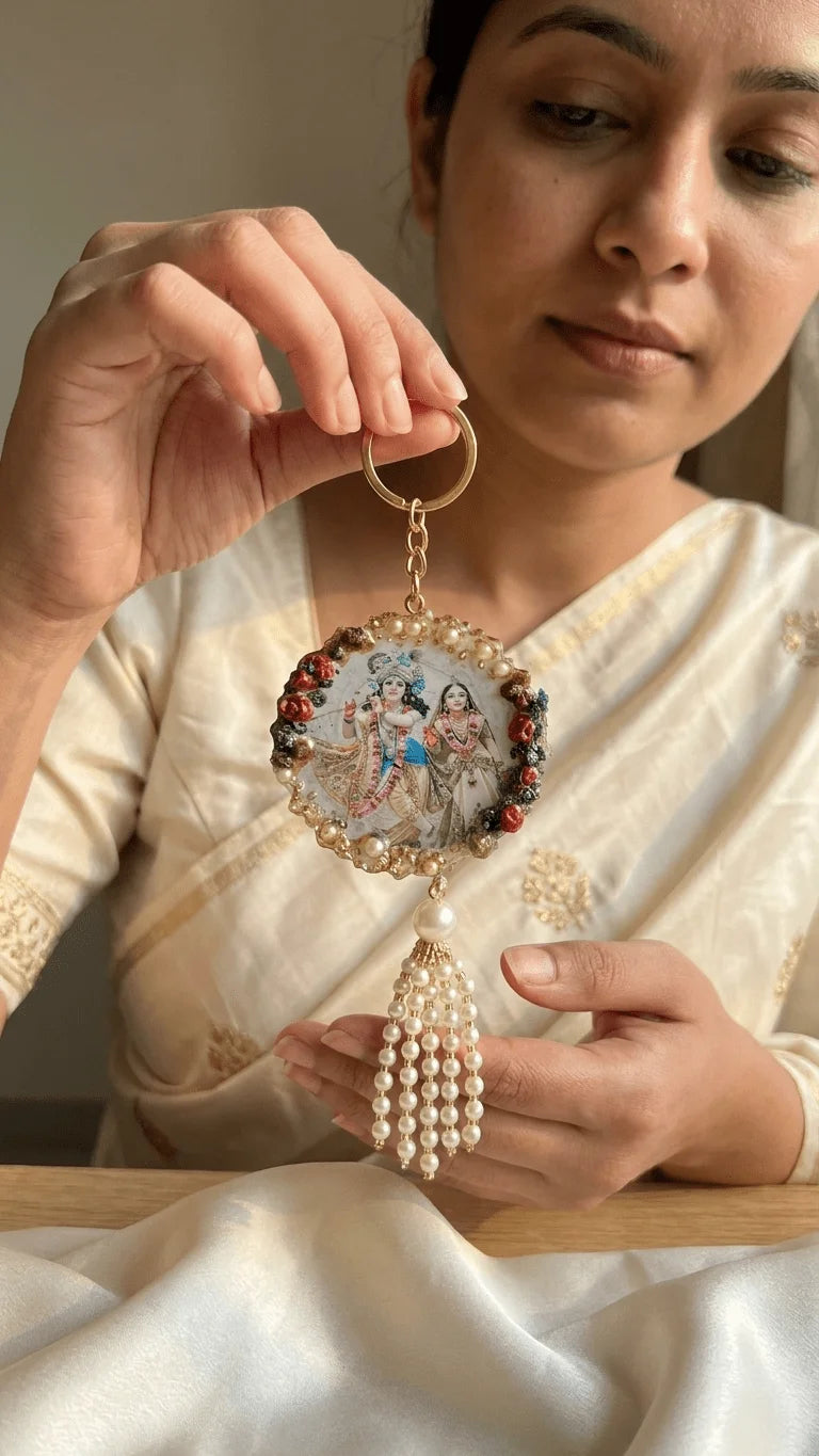 Handcrafted resin keepsake with Radha Krishna image, pearl border, and pearl tassel, held by a woman in a cream outfit.