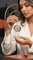 Woman in white holds a round resin keychain with Radha Krishna, pearl trim, and tassel, against a dark background.